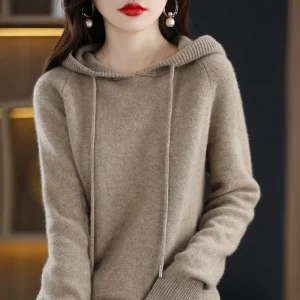 Cashmere Hooded Sweater Women Autumn Winter Long Sleeve Solid Color Knitted Hoodies Lady Loose Drawstring Casual Pullover Hoodie