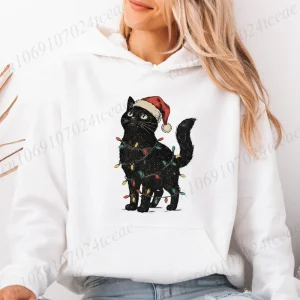 Autumn Winter Hooded Coats Cute Cat Christmas Fashion Women Long Sleeve Hoodies Sweatshirts Casual Streetwear Sweatshirts Tops